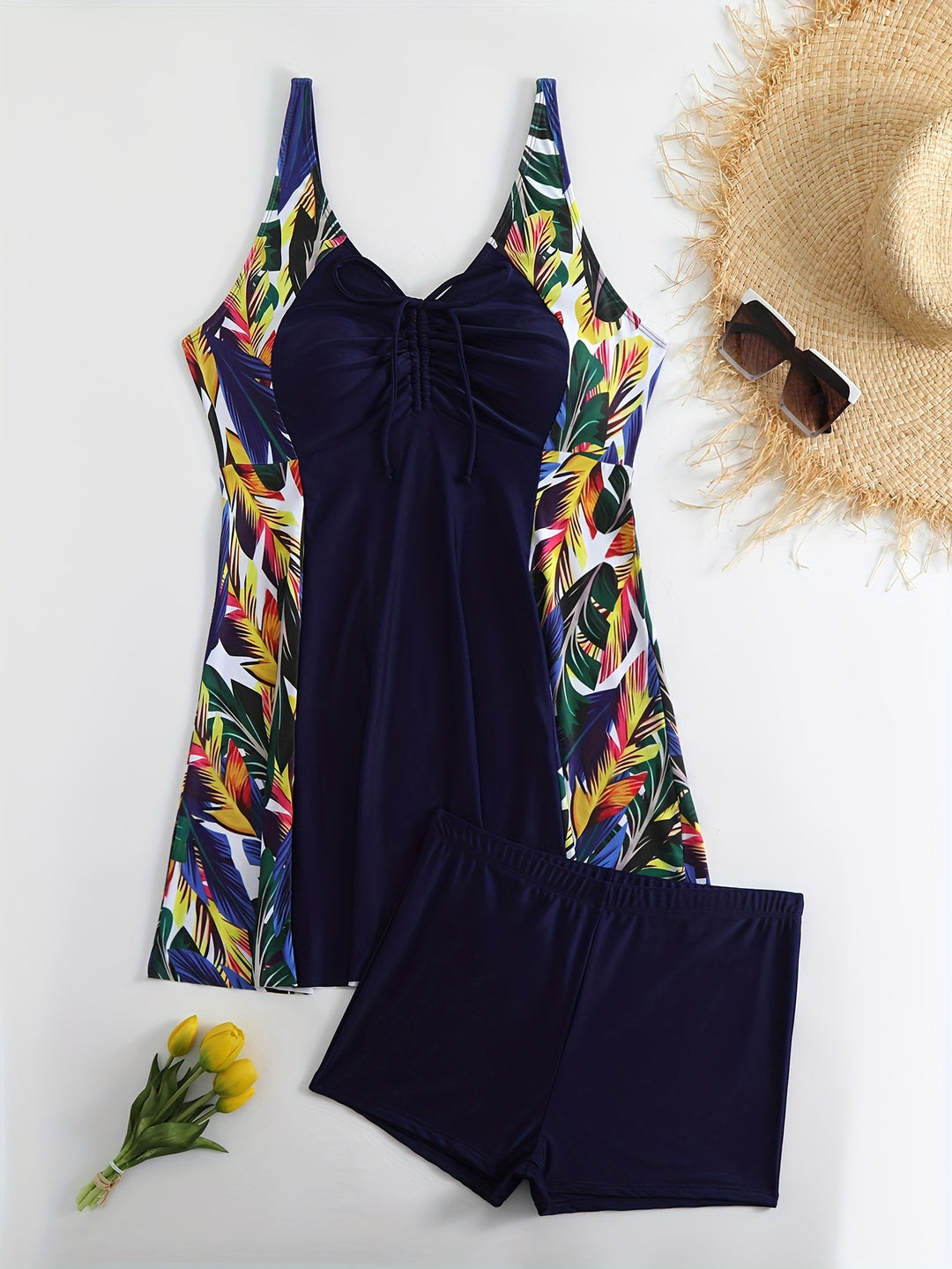 Damen Sportliches Badeanzug-Set mit floralem Seiteneinsatz Echo Archiv