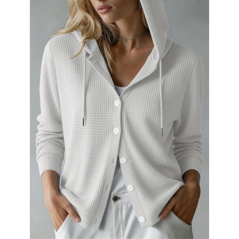 Damen Kapuzen-Strickjacke mit Waffelstruktur und Knopfleiste Echoarchiv