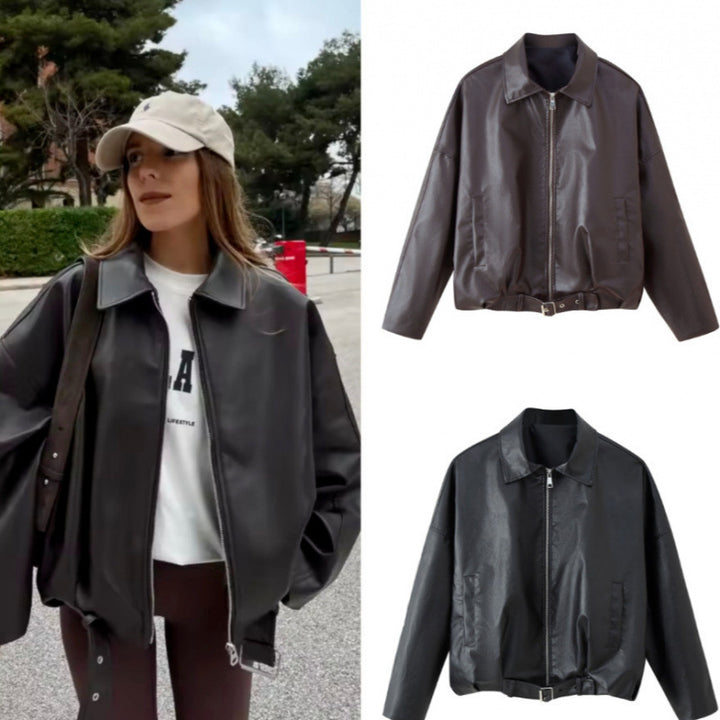 Unisex Oversize Kunstlederjacke mit Reißverschluss Hemdkragen und Taillengürtel Echo Archiv