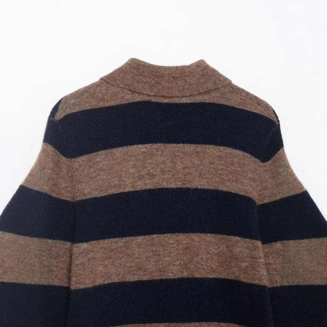 Damen gestreifte kuschelige Strickjacke mit Hemdkragen und durchgehender Knopfleiste Echoarchiv