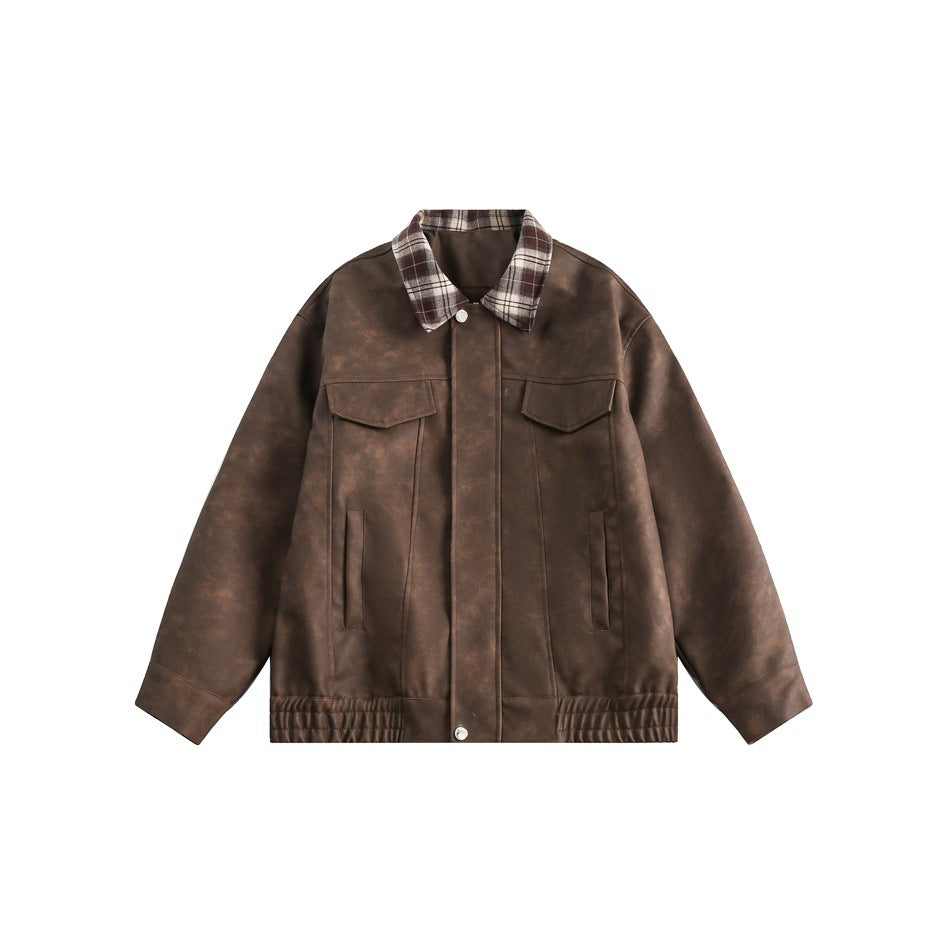 Herren Boxy Kunstleder‑Blouson mit kariertem Umlegekragen und Pattentaschen Echoarchiv