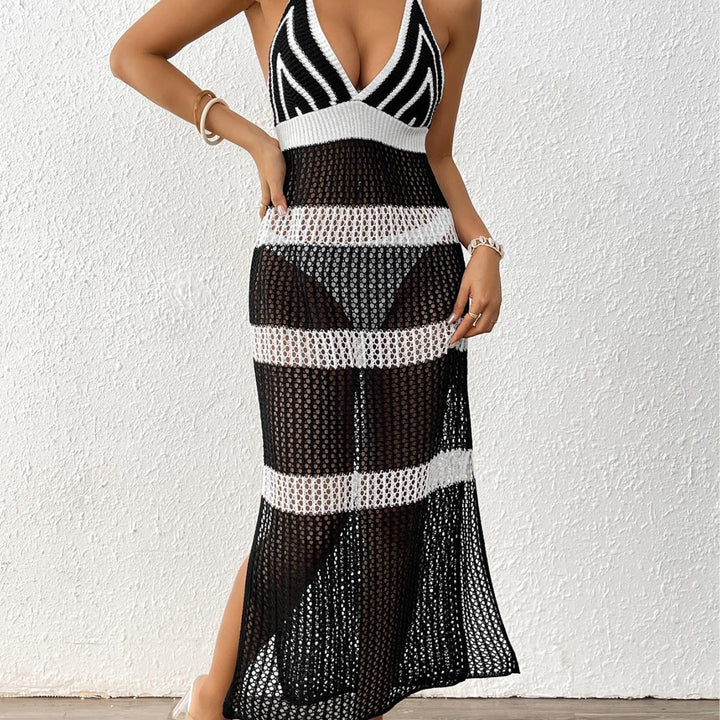 Damen gehäkelter Strandüberwurf mit stilvollem V-Ausschnitt und eleganten Streifendetails Echo Archiv