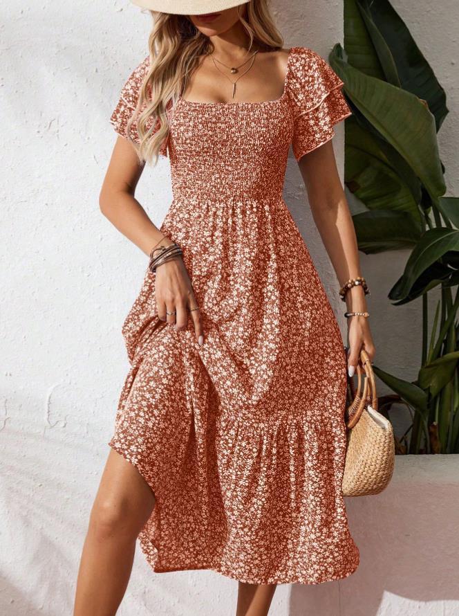 Damen Off-Shoulder Maxikleid mit floralen Mustern und elastischem Oberteil Echo Archiv