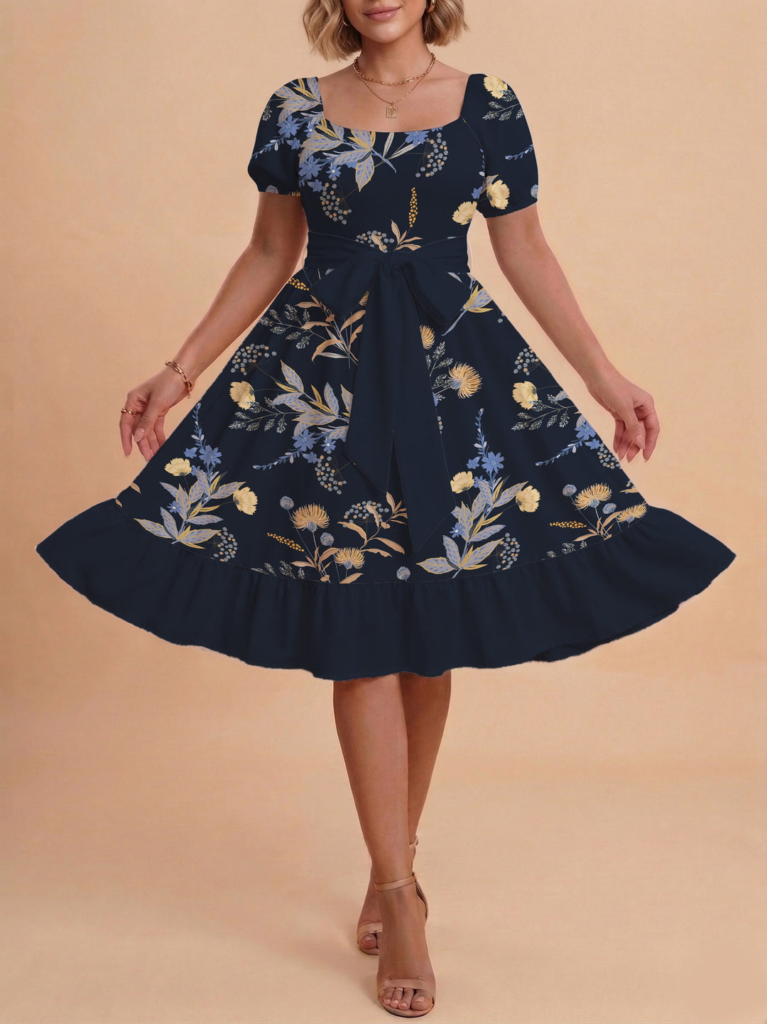Damen Midi Kleid mit elegantem Blumendruck und tailliertem Gürtel Echo Archiv