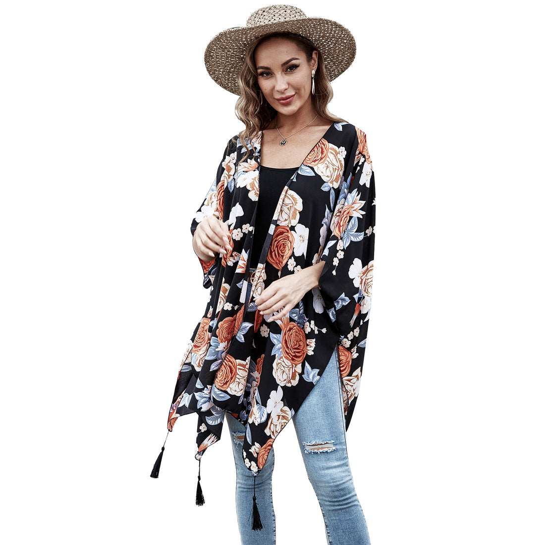 Damen Verspielter Kaftan‑Kimono‑Überwurf aus leichter Viskose mit asymmetrischem Zipfelsaum – Célinea