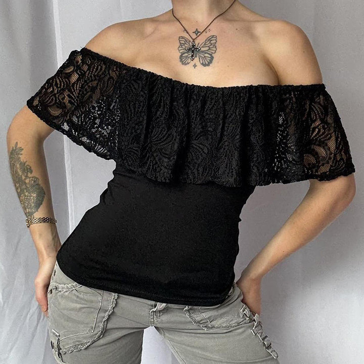 Damen Off-Shoulder Oberteil mit Rüschendetails und eleganten Spitzenakzenten Echo Archiv