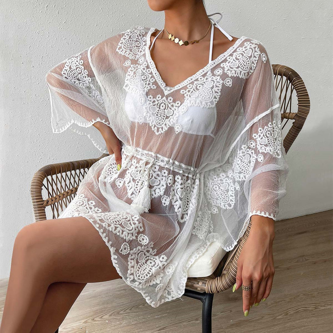 Damen elegante gehäkelte Strandtunika mit tailliertem Gürtel und Volantärmeln Echo Archiv
