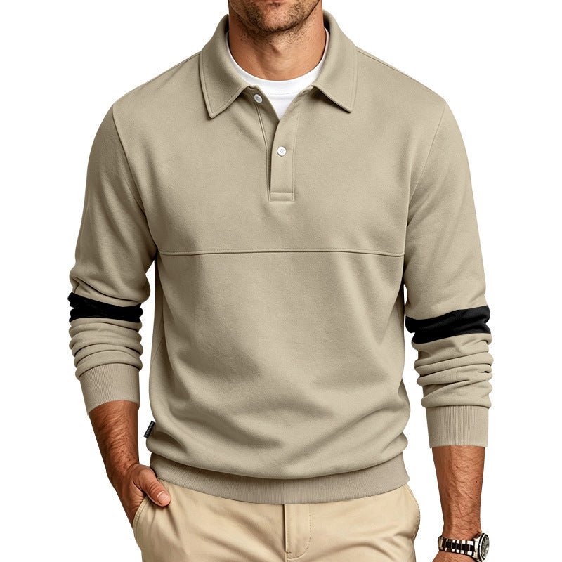 Herren Langärmeliges Poloshirt-Sweatshirt mit verdeckter Knopfleiste, Brustnaht und Kontraststreifen – Cavello