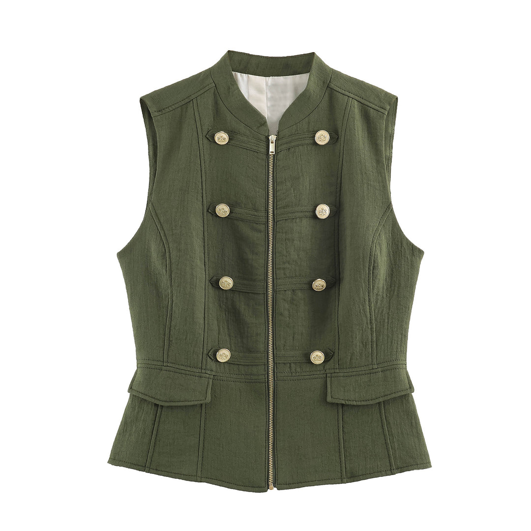 Damen taillierte Military-Weste mit Stehkragen, goldenen Zierknöpfen, Reißverschluss und aufgesetzten Klappentaschen – Célinea