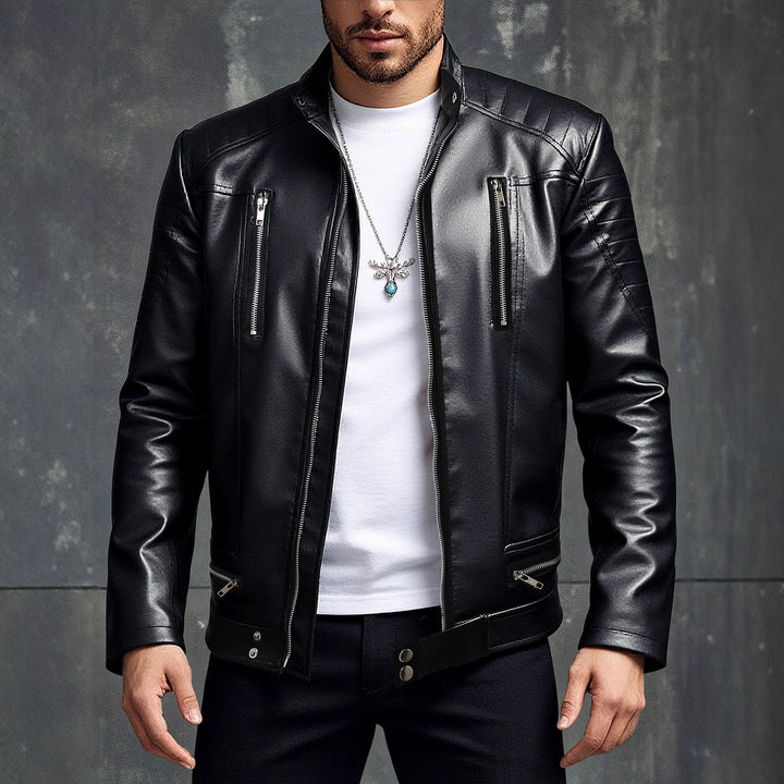 Herren Kunstleder Bikerjacke mit asymmetrischem Reißverschluss und Steppdetails Echoarchiv