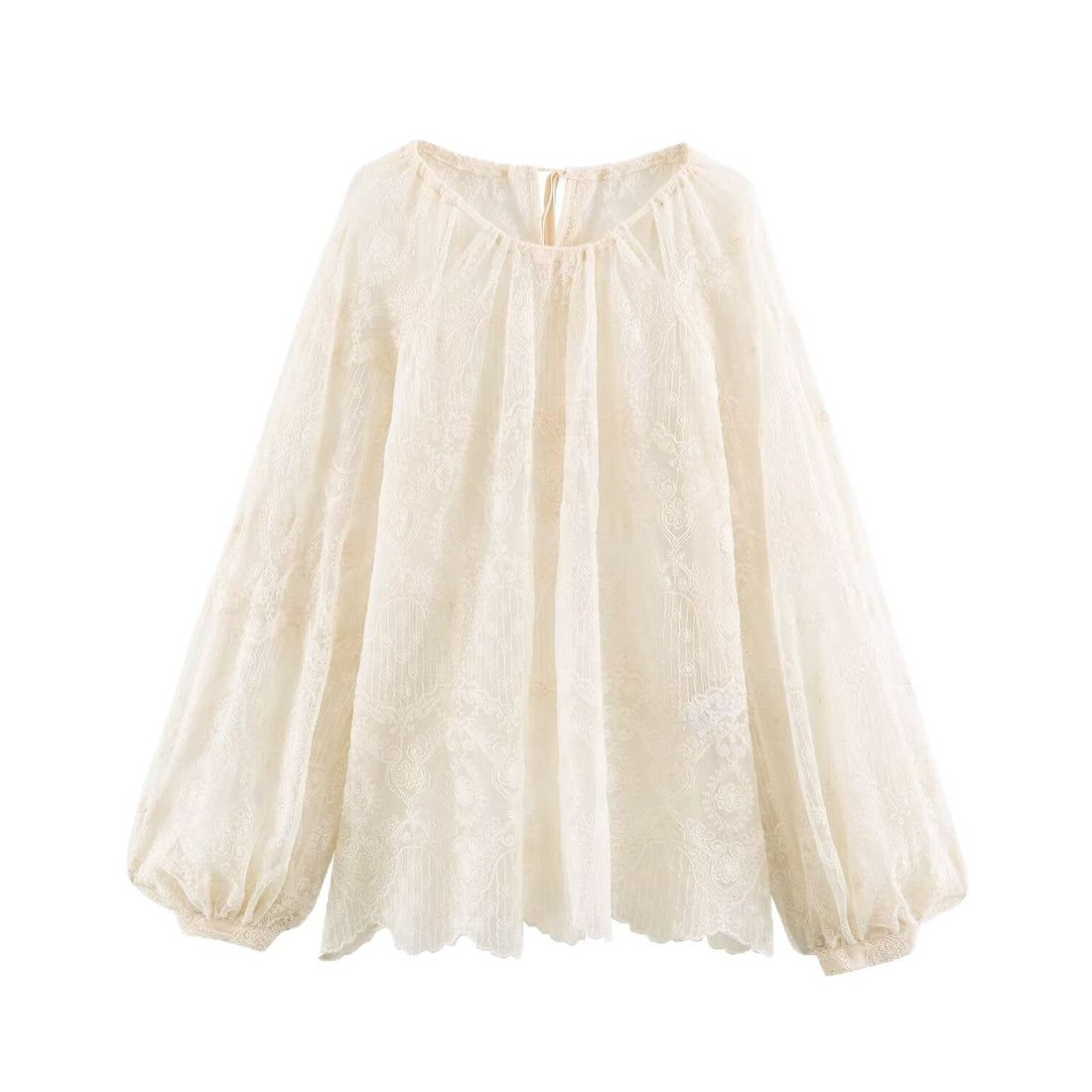 Damen Transparente Spitzenbluse im Peasant‑Stil mit Ballonärmeln Echoarchiv