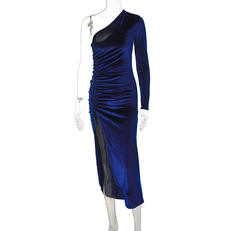 Damen stilvolles Ein-Schulter-Kleid mit Raffungen und Schlitz Echo Archiv