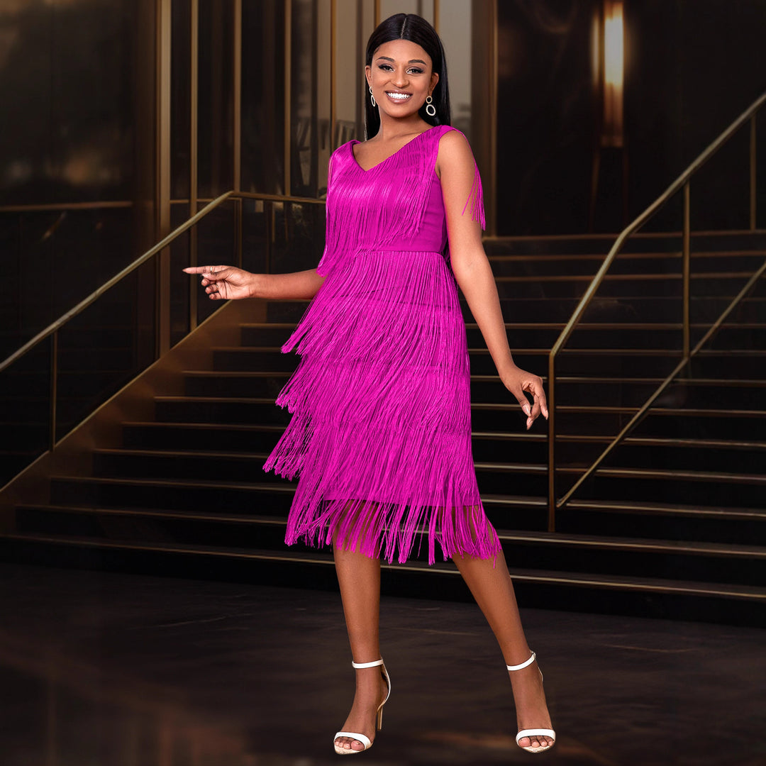 Damen elegantes Fransenkleid mit V-Ausschnitt Echo Archiv