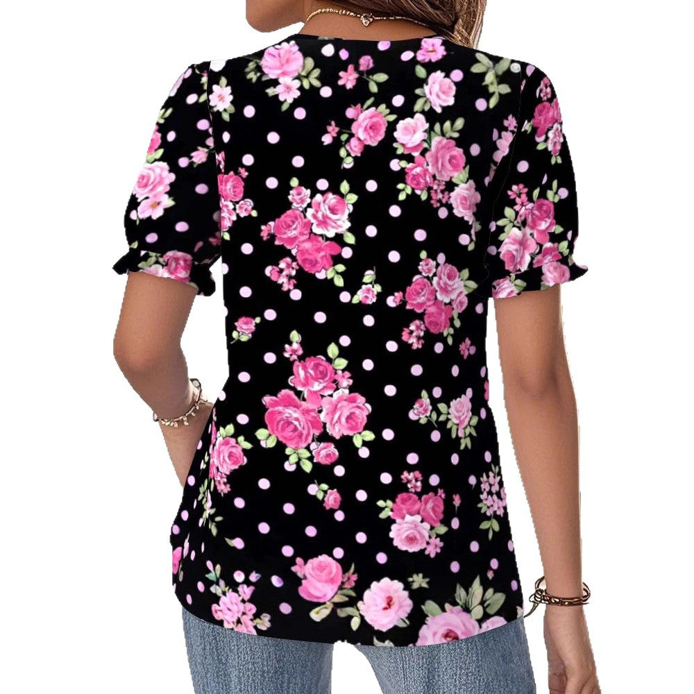 Damen nan V-Ausschnitt-Bluse mit Spitzenborte, Puffärmeln und floralem Punktmuster Echo Archiv