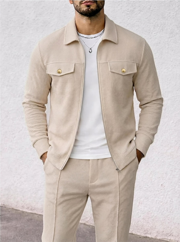 Herren strukturierte Overshirt-Jacke mit Waffelstruktur, Pattentaschen und verdecktem Reißverschluss – Taviero