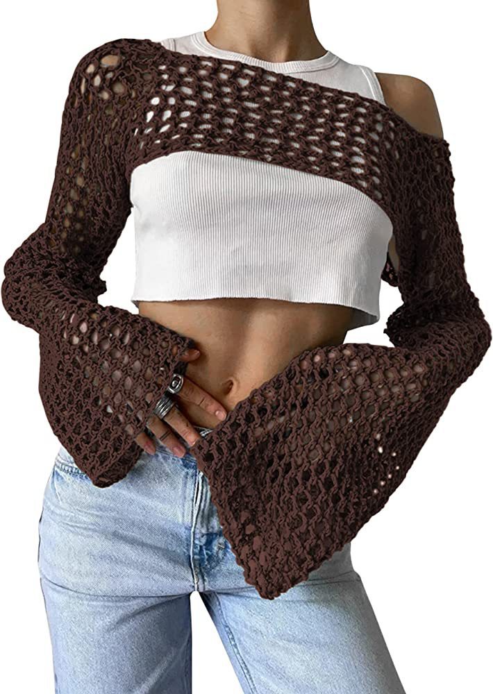 Damen gehäkeltes Langarm-Top mit Off-Shoulder-Design Echo Archiv
