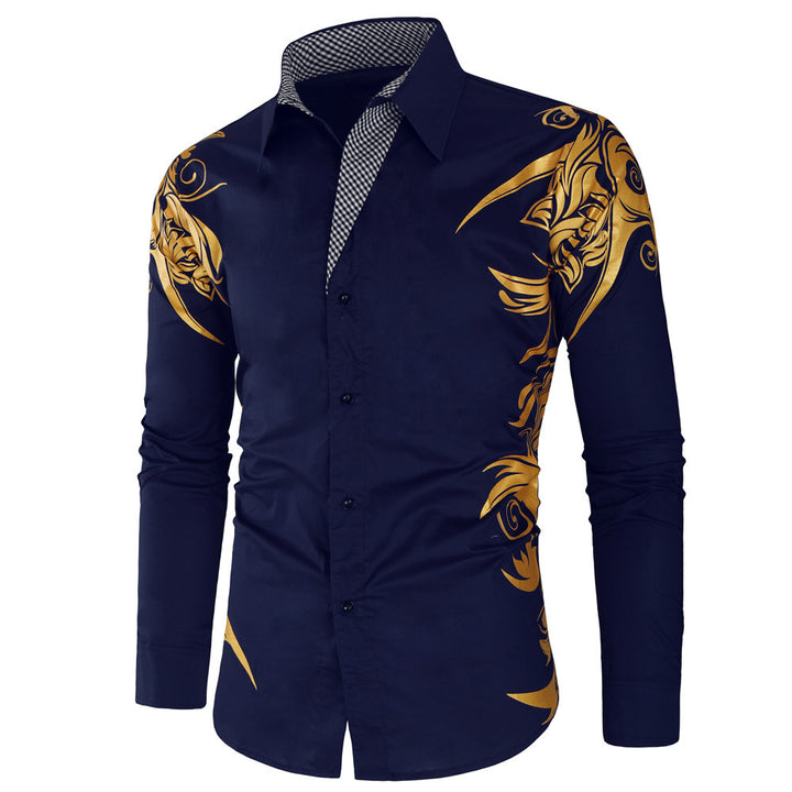 Herren Figurbetontes Button-Down-Hemd mit goldverzierter Ornamentik und kontrastiertem Innenkragen Echo Archiv