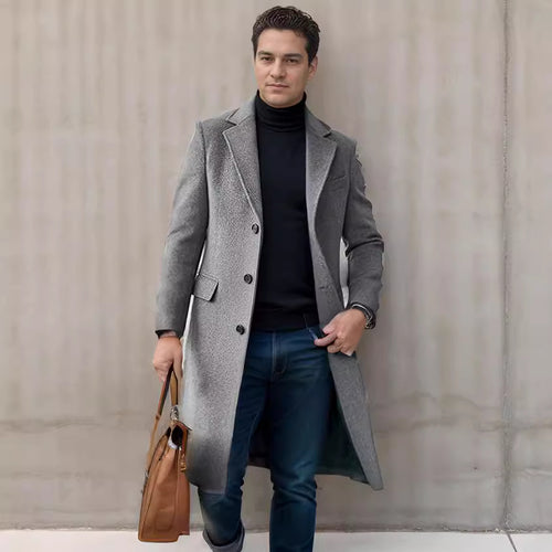 Herren eleganter Mantel mit strukturiertem Gewebe und modernen Akzenten Echoarchiv