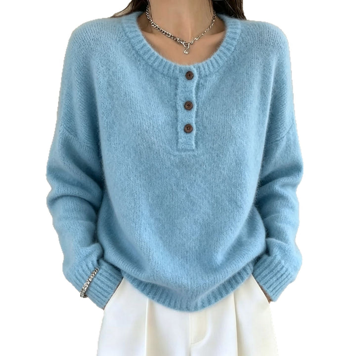 Damen Kuscheliger Rundhals-Henley-Pullover mit Knopfleiste und Raglanärmeln – Mavelle