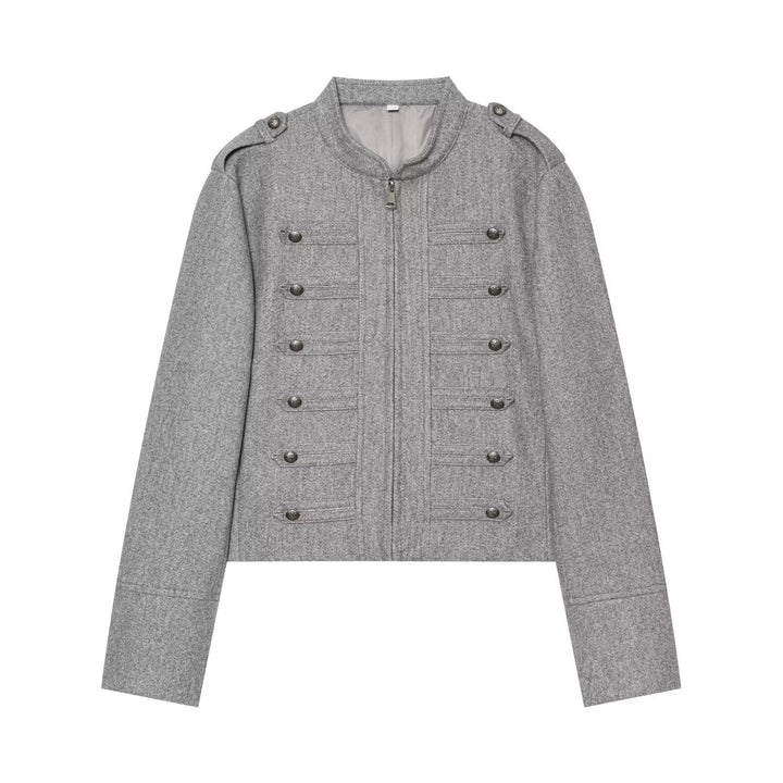 Damen Militärisch inspirierte kurze Wolljacke mit Stehkragen Echo Archiv