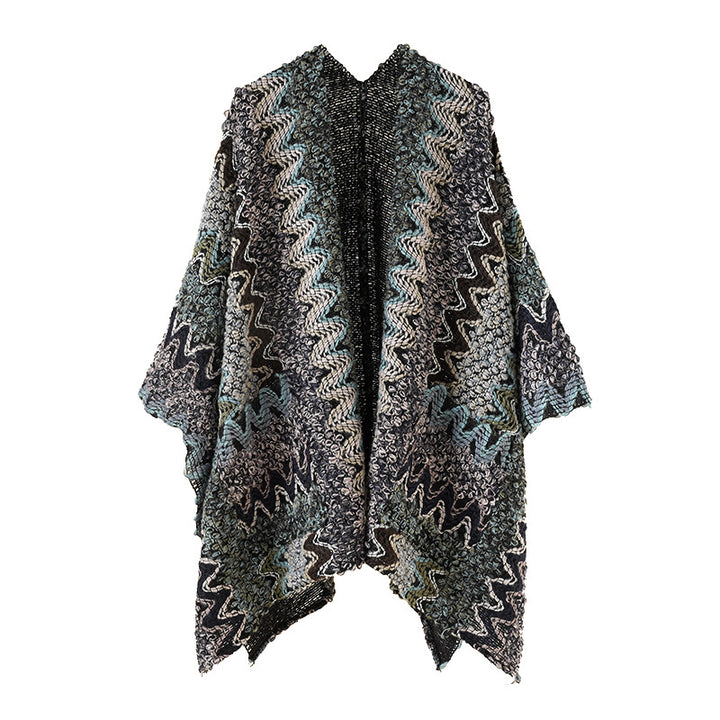 Damen Grobgestrickter Ethno-Ruana-Poncho mit Zickzack‑Jacquard und offenem Fall Echo Archiv