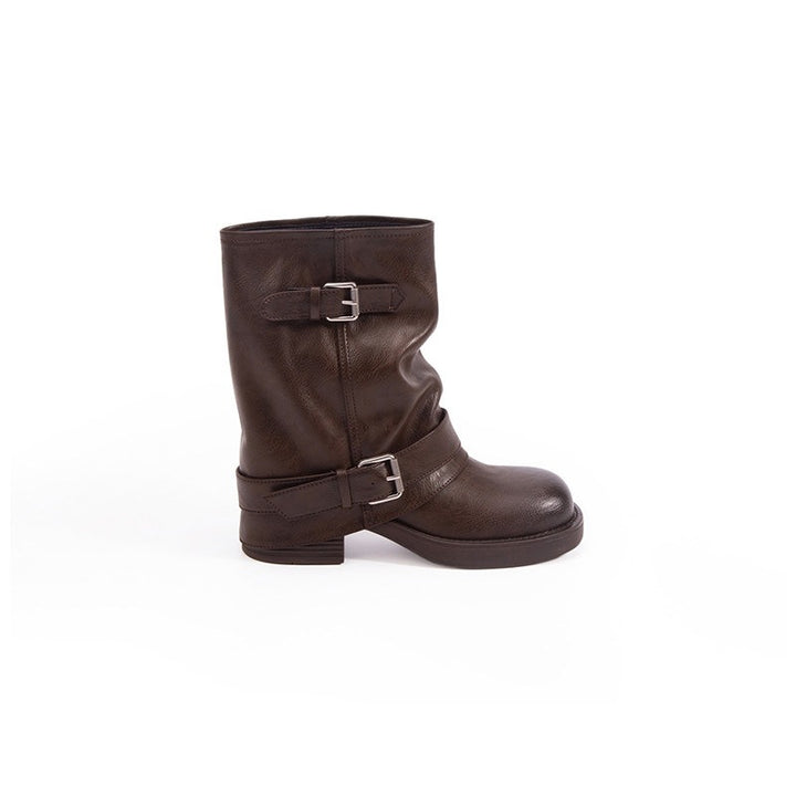 Damen Wadenhohe Bikerstiefel aus Glattleder mit Doppelschnallen und gerafftem Schaft Echo Archiv