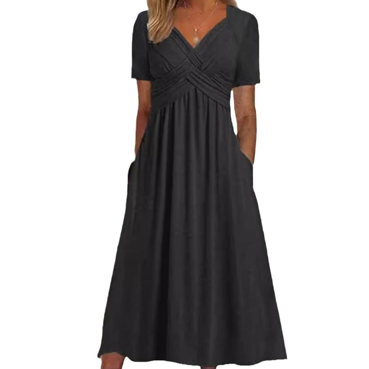 Damen nan fließendes Maxikleid mit gekreuzter Passe V-Ausschnitt Kurzarm und Eingrifftaschen Echo Archiv
