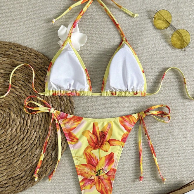 Damen Triangel-Bikini mit floralen Akzenten und verstellbaren Bindebändern Echo Archiv