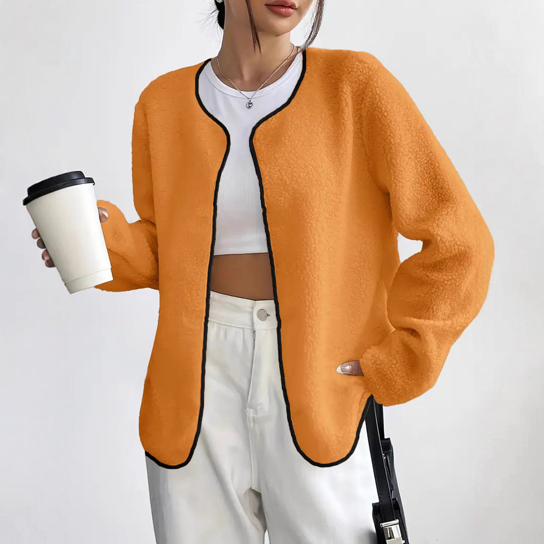 Damen Kurzjacke Teddy-Fleece Cardigan ohne Verschluss mit Rundhals – Célinea