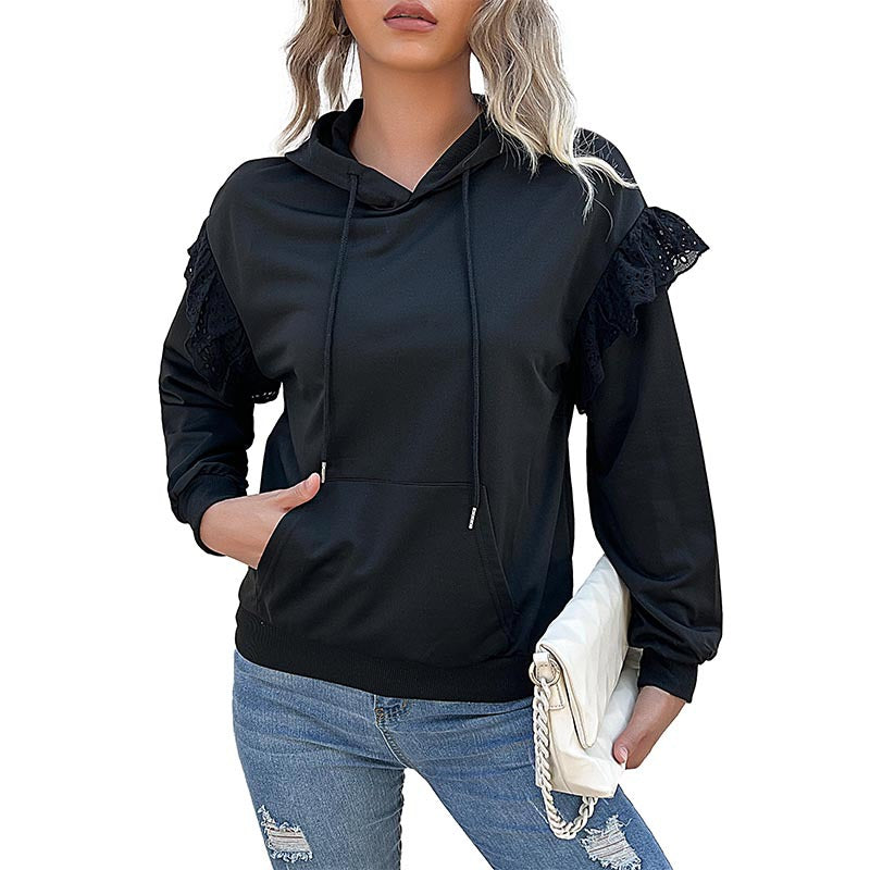 Damen Kapuzenpullover mit Spitzenvolant, Kängurutasche & Rippbündchen Echoarchiv