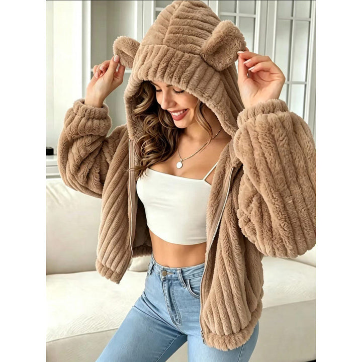 Damen Kuschelige Teddy-Kapuzenjacke mit Plüschstruktur und Kapuzenohren Echo Archiv