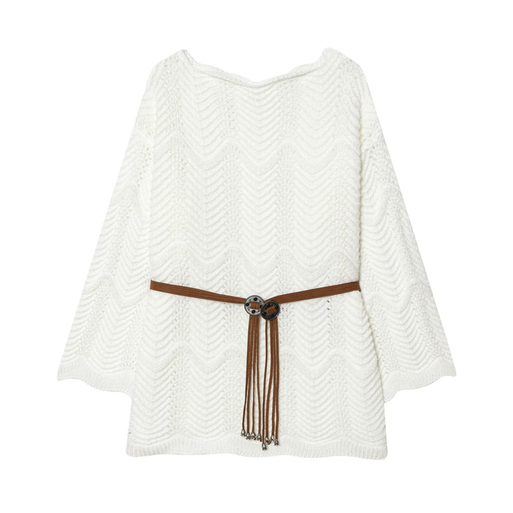 Damen nan gestricktes Poncho-Cape mit dekorativem Lederbandgürtel Echo Archiv