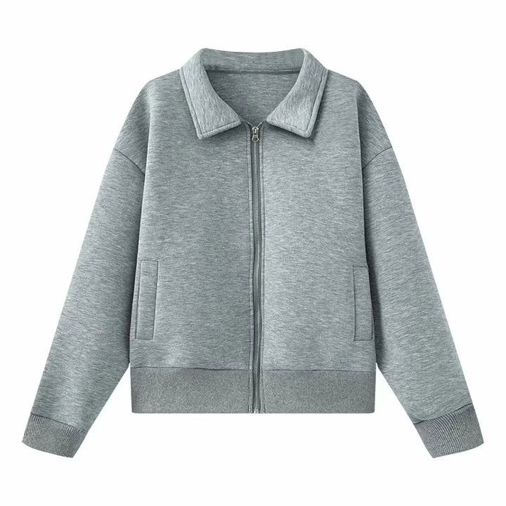 Damen lässige Sweatjacke mit durchgehendem Reißverschluss und Umlegekragen – Célinea