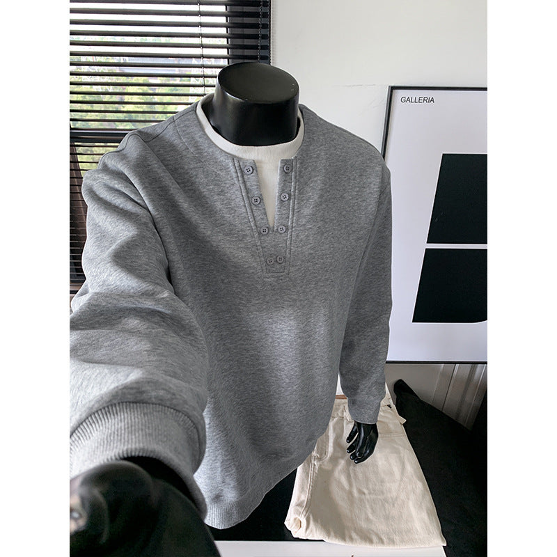 Herren Henley-Sweatshirt mit Knopfleiste, Oversize-Schnitt & gerippten Bündchen Echoarchiv