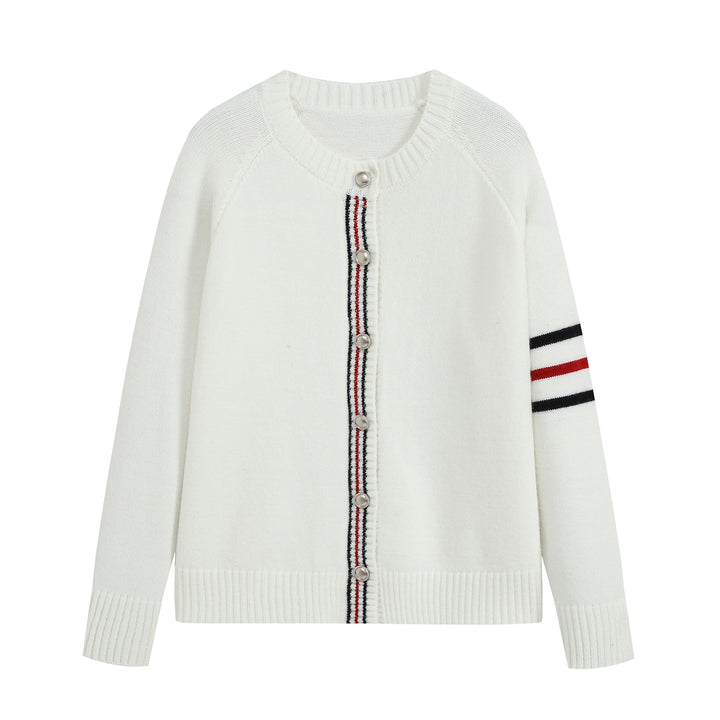 Damen Lässiger Rippstrick‑Cardigan mit Goldknöpfen und sportiven Ärmelstreifen Echo Archiv
