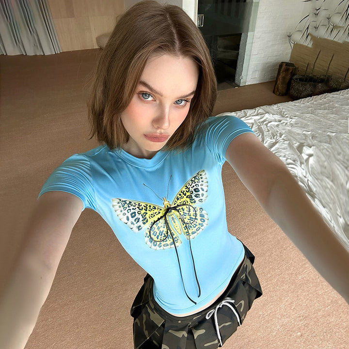 Damen Basic T-Shirt mit lebendigem Schmetterlingsdruck und verstellbarem Kordelzug Echo Archiv