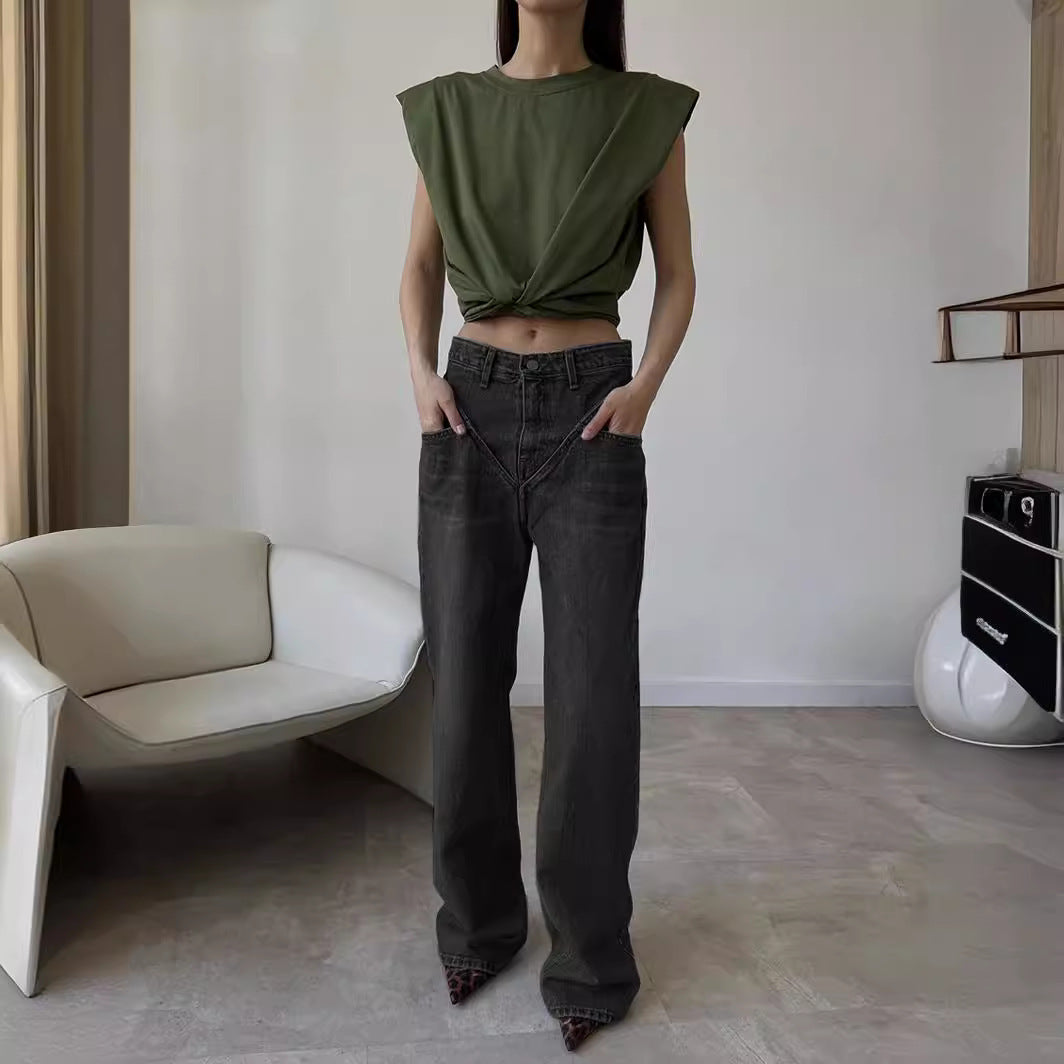 Damen nan hochgeschnittene weite Denim-Hose mit V-förmiger Bundnaht und extra-langem Bein Echo Archiv