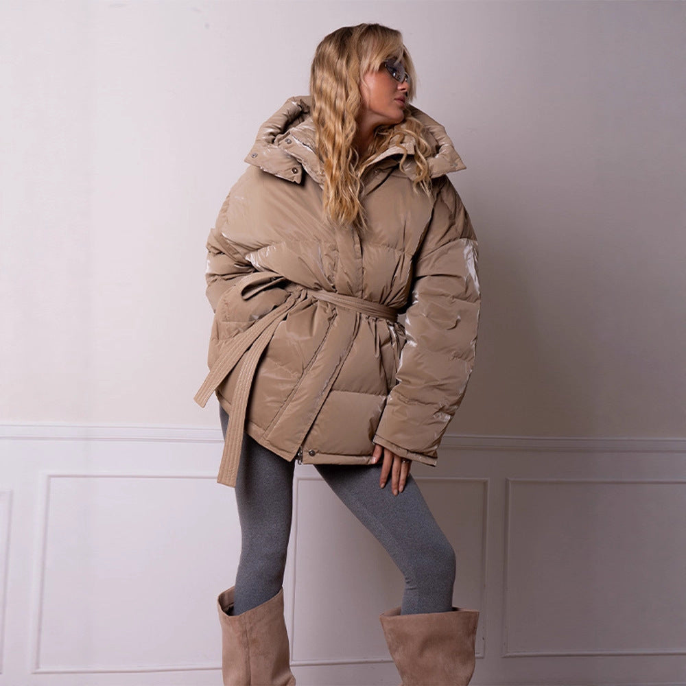 Damen wattierte Kapuzen-Steppjacke mit Taillengürtel Echo Archiv