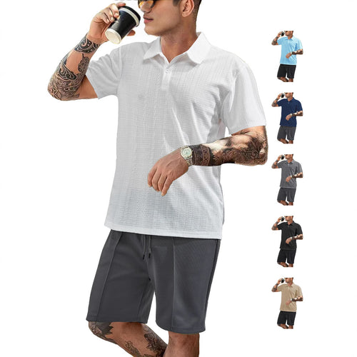 Herren nan zweiteiliges Sommer-Reise-Set mit texturiertem Kurzarm-Poloshirt und funktionalen Mesh-Shorts Echo Archiv