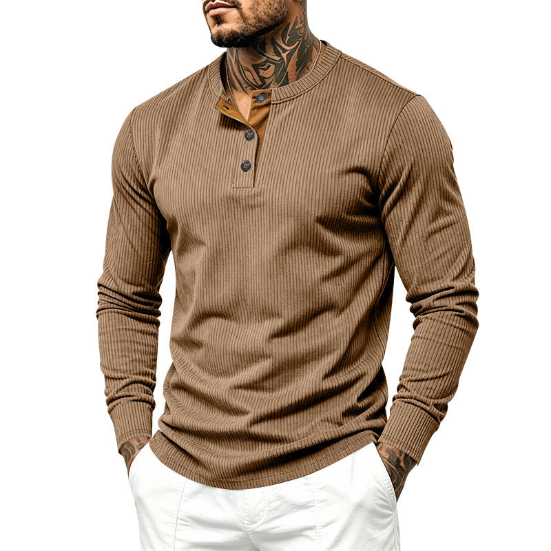 Herren Geripptes Henley-Langarmshirt aus Feinstrick mit Stehkragen und Knopfleiste – Norvane