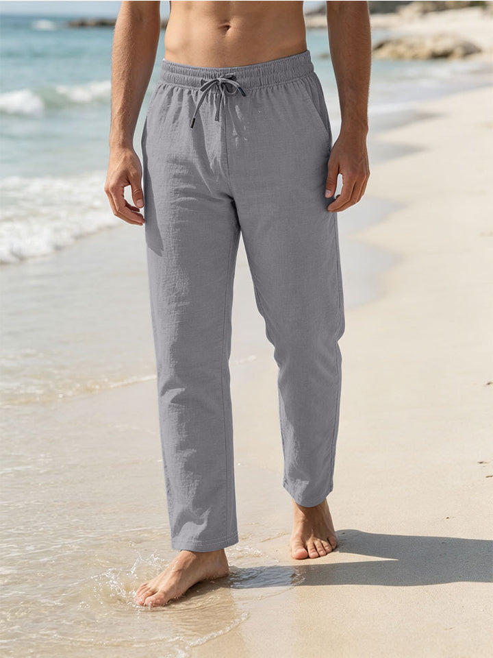 Herren Leichte Leinen-Baumwoll-Hose mit Tunnelzug, elastischem Bund und geradem Schnitt Echoarchiv