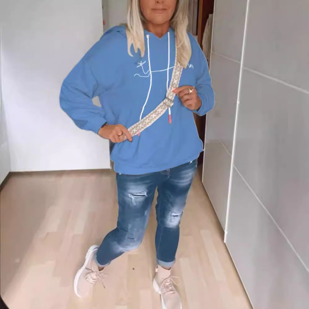 Damen nan lässiger Kapuzenpullover mit minimalistischer Liniengrafik, Kordelzug und geripptem Saum Echo Archiv