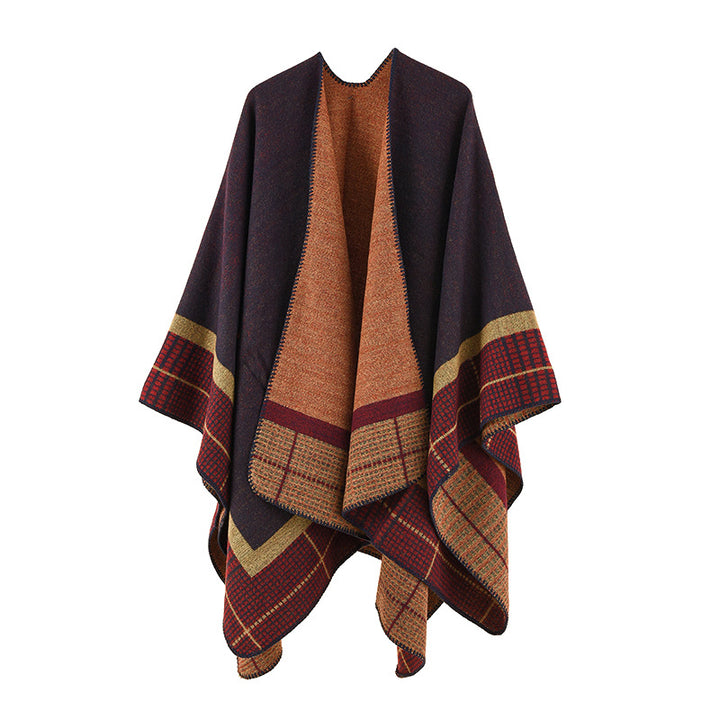 Damen Wollmix-Poncho im asymmetrischen Zipfelschnitt mit eingewebter Karobordüre – Avérine