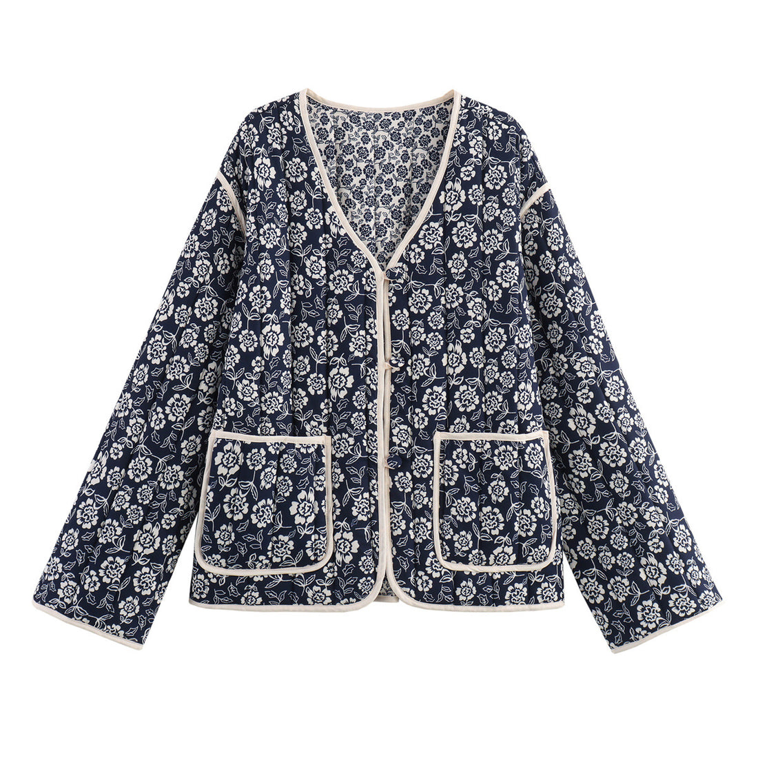 Damen gesteppte Kimono-Jacke mit floralem Alloverprint, V-Ausschnitt, kontrastpaspel und aufgesetzten Taschen – Célinea