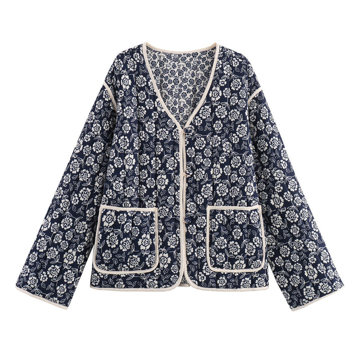 Damen gesteppte Kimono-Jacke mit floralem Alloverprint, V-Ausschnitt, kontrastpaspel und aufgesetzten Taschen – Célinea