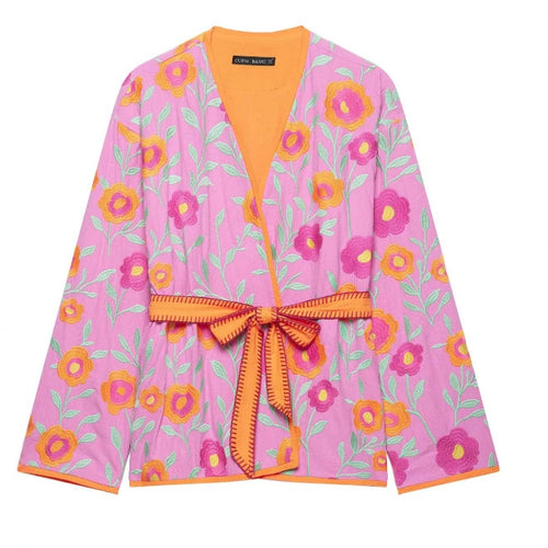 Damen Bestickte Kimonojacke mit Blumenstickerei, Bindegürtel und kontrastierendem Besatz Echo Archiv