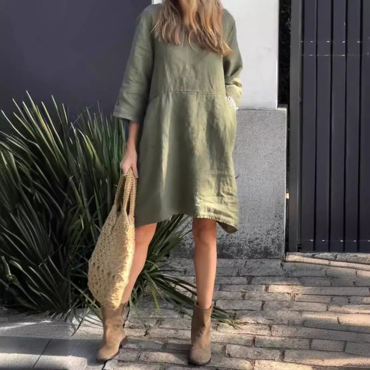 Damen lässiges Leinenkleid mit praktischen Taschen und asymmetrischem Saum Echoarchiv