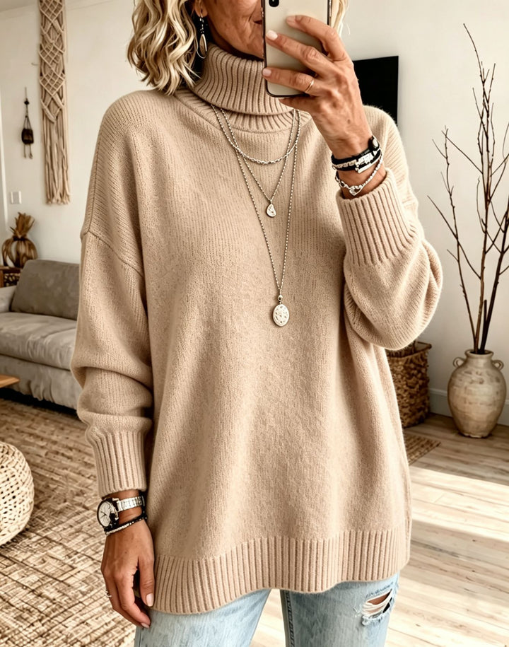 Damen Oversize Rollkragenpullover aus Feinstrick mit gerippten Bündchen und überschnittener Schulter – Mavelle