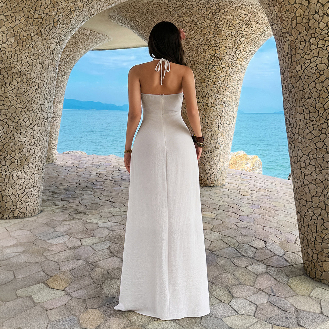 Damen Maxi-Urlaubs- und Strandkleid mit tiefem V-Ausschnitt und Rückenlöcher Echo Archiv