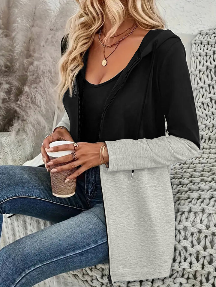 Damen Longline Kapuzen‑Sweatjacke mit Farbblock, Reißverschluss und Eingrifftaschen – Auréline